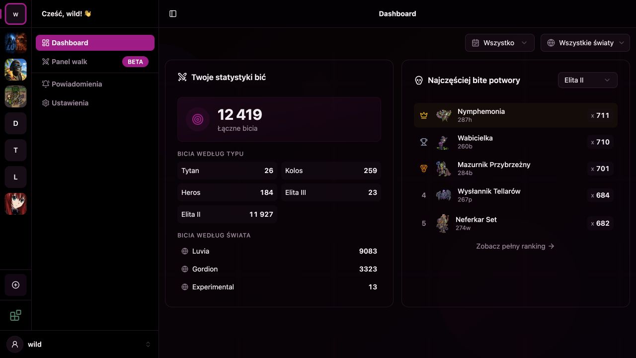 Dashboard Lootlog z osobistymi statystykami bić i najczęściej pokonywanymi potworami
