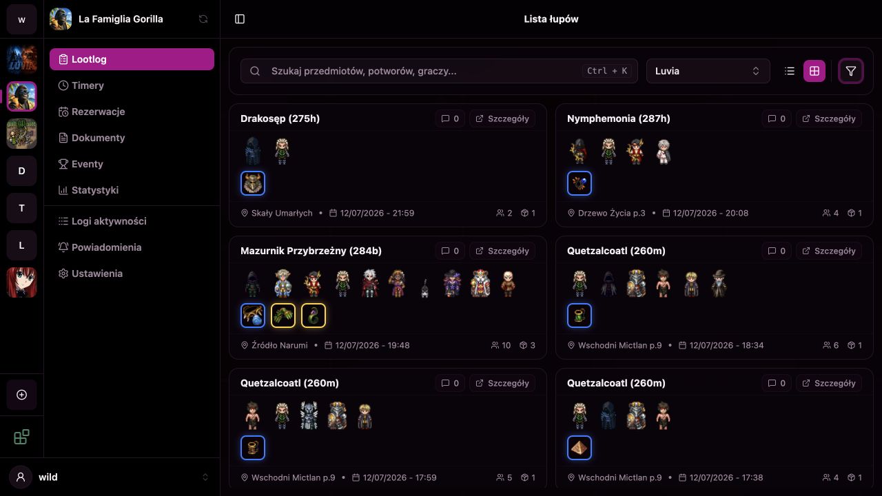 Lista łupów klanu w Lootlog z wyszukiwaniem, filtrem świata i kaflami pokonanych potworów